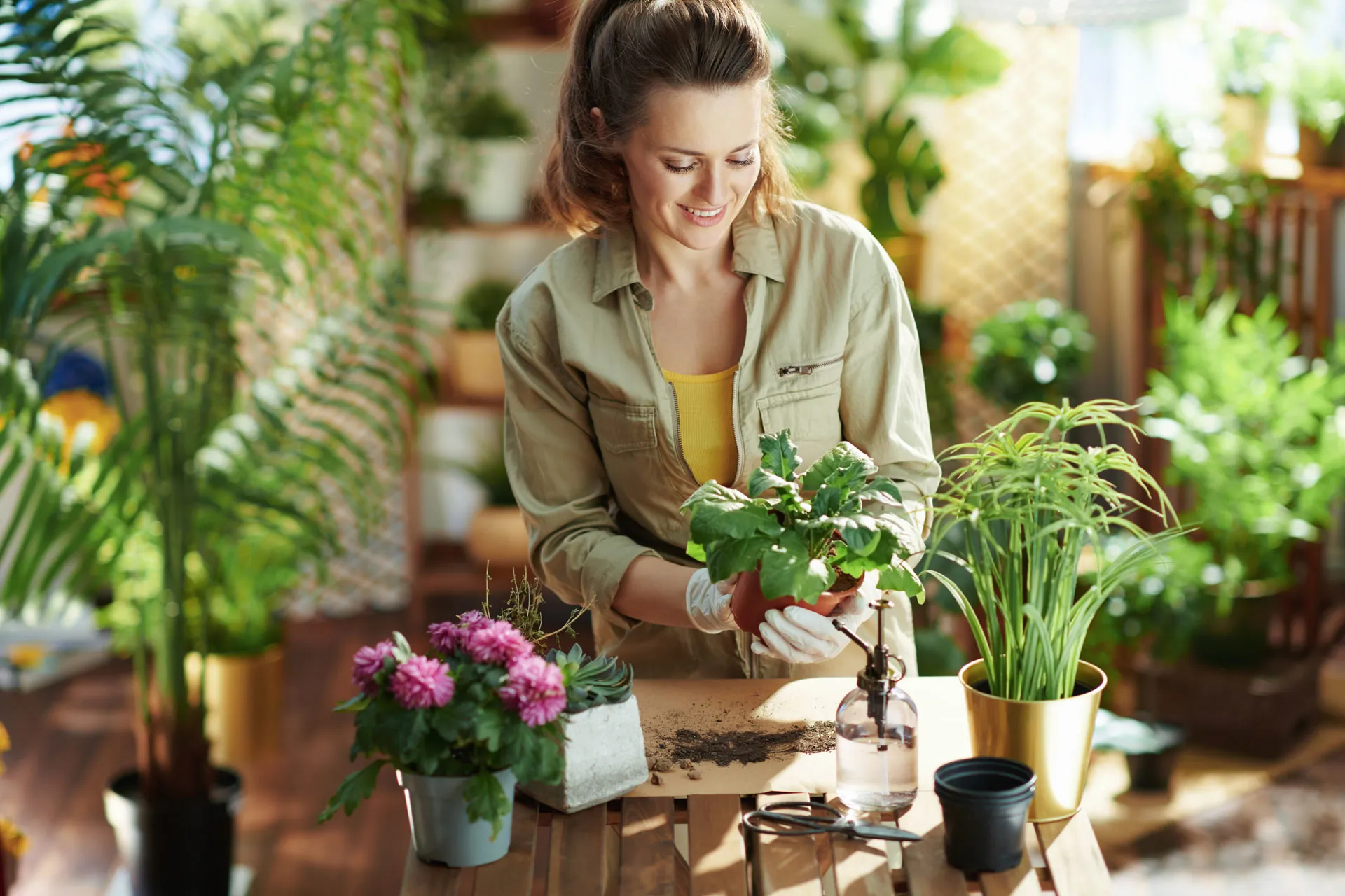 Floristin umgeben von Pflanzen arbeitet an einem Blumentopf mit einer kleinen, grünen Pflanze